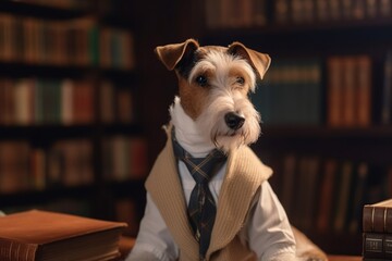 a dog of the fox terrier breed in the clothes of a librarian in the library. study concept. intelligent animals generative ai