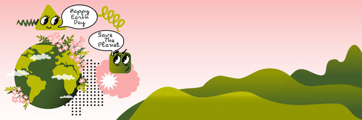 Happy Earth Day banner. Save the planet. Abstract doodle shapes. Planet Earth with clouds and blooming flowers. Concept of ecology and environmental protection. Vector border