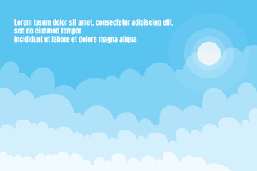 Blue sky with the clouds, banner background. Vector illustration of bright sun in the sky, banner or wallpaper template. Cartoon cloudy frame.