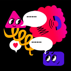 Chat, messaging, texting, call. Concept of Social networks. Abstract cute geometric elements. Vector doodle illustration on black background