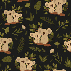 Kids cute pattern with koalas and greenery