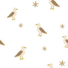Marine seamless pattern with seagulls and starfish
