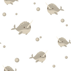 Marine pattern with narwhals and bubbles