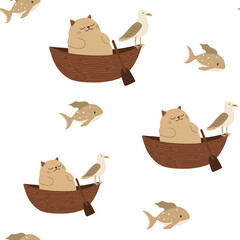 cute nursery pattern with cat on a boat with seagull and fish