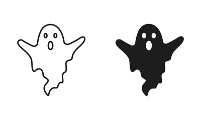 Halloween Ghost Line and Silhouette Black Icon Set. Spooky and Scary Monster for Halloween Pictogram. Cute Funny Dark Ghost Under Sheet for Halloween Symbol Collection. Isolated Vector Illustration