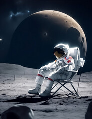 Astronaut sitting on chair, moon view.
Generative AI