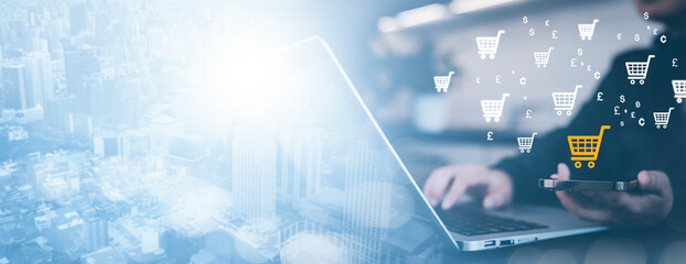 Businessman hold smartphone with online shopping concept, marketplace website with virtual...