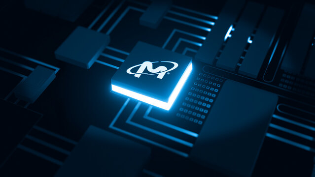 Micron logo on a 3D illustration of photolithography systems used in the manufacturing of semiconductors.	
