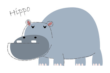 Hippopotamus . Cute animals cartoon characters . Flat shape and line stroke design . Vector illustration .