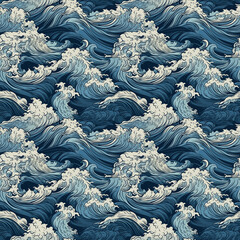 Seamless texture: sea waves pattern in old vintage Japanese style. Generative AI
