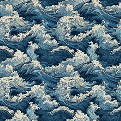 Seamless texture: sea waves pattern in old vintage Japanese style. Generative AI