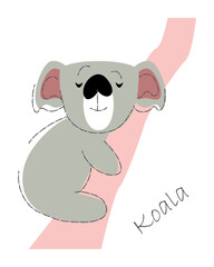 Koala bear . Cute animals cartoon characters . Flat shape and line stroke design . Vector illustration .