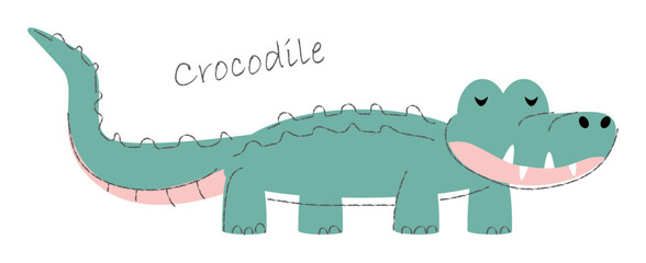Crocodile . Cute animals cartoon characters . Flat shape and line stroke design . Vector illustration .