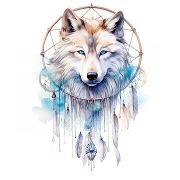 A watercolor painting of a wolf with a dream catcher. Generative AI. Mystical white wolf, moon spirit.