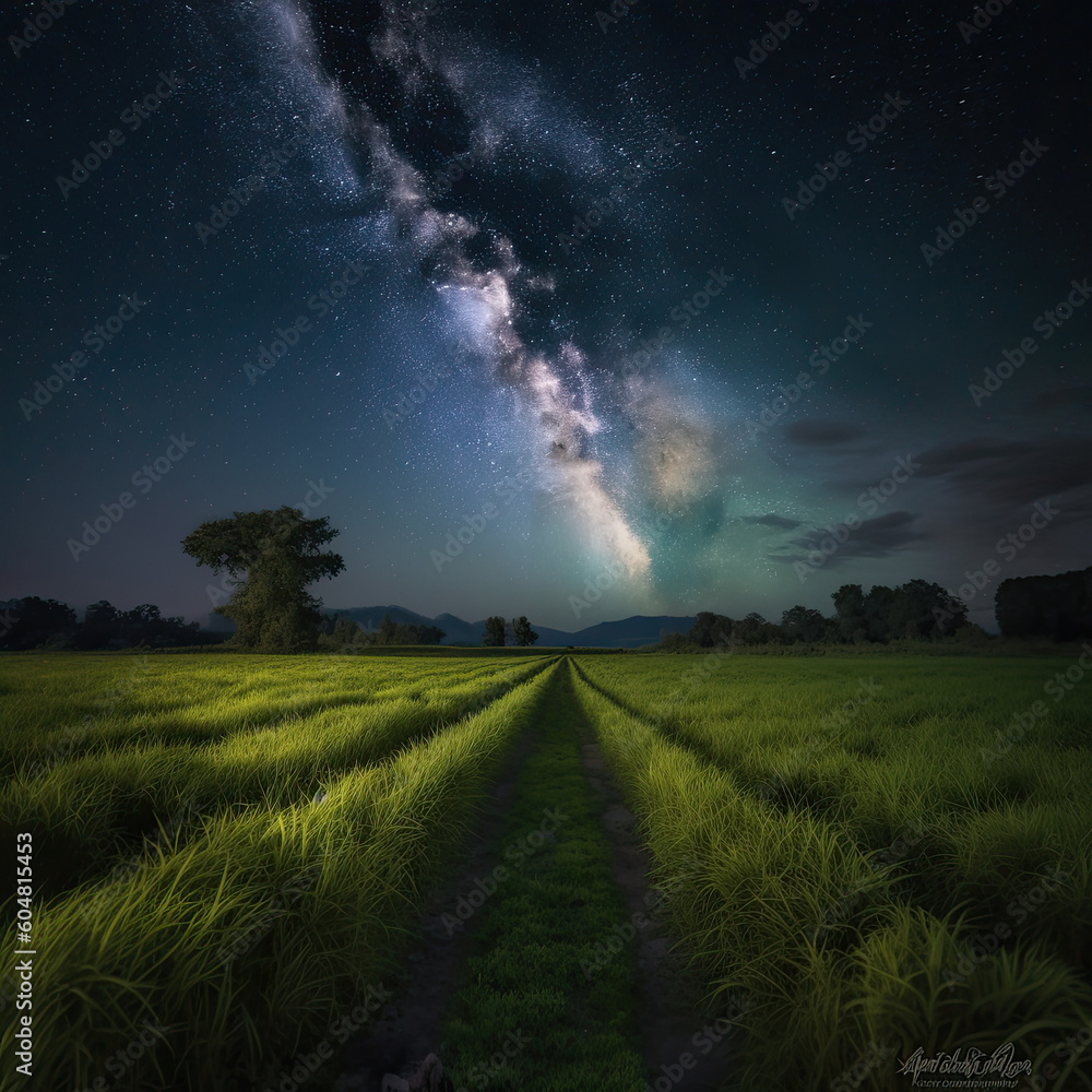 Wall mural nighttime splendor: milky way shining brightly above a serene paddy field created using generative a