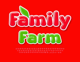 Vector colorful poster Family Farm. Red glossy Alphabet Letters, Numbers and Symbols set. Modern creative Font