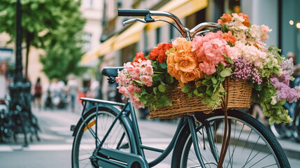 Fototapeta na wymiar A bicycle with a basket full of flowers. Generative AI.