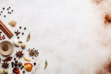 Fototapeta na wymiar White Marble Tabletop Texture Background, Gray Textured Tablecloth, Food Table Mockup with Seasonings and Spices, Copy Space, Top View, Abstract Generative AI Illustration