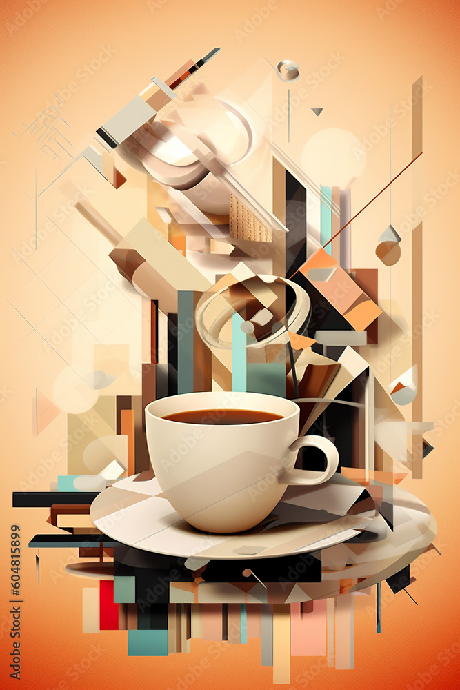 Poster a cup of coffee on a saucer on a table. generative ai. weird and ugly still life, unconventional com