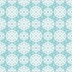 Seamless pattern with snowflakes, circles. White flakes on gray-blue winter background. Christmas template for fabrics, textiles, wallpaper design, interiors, wrapping paper, web. Vector illustration.