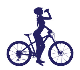 Vector silhouette of a girl drinking from a water bottle and standing by a mountain bike. Isolated on white background