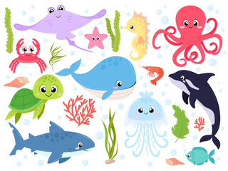 Naklejka na ściany i meble Sea animals vector illustration set. Marine animals with elements of underwater life. Cute sea inhabitants on a white background.