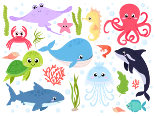 Raamstickers In de zee Sea animals vector illustration set. Marine animals with elements of underwater life. Cute sea inhabitants on a white background.