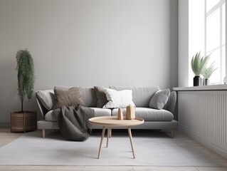 Sofa with cozy pillows, a plant in a pot, a coffee table against a gray wall in the living room. Advertising blog about real estate and modern interior, simple Scandinavian design. Generative ai.
