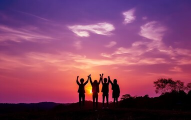 Fototapeta premium A group of successful young people hold hands at sunset, together they raise their upper hand. Successful team and team building concept. Generative ai
