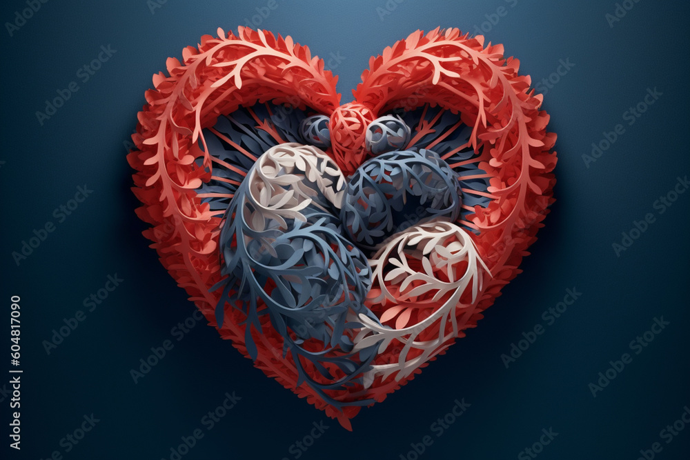 Aufkleber A captivating paper-cut design of DNA helixes intertwining and forming a heart shape, symbolizing the connection between genetics and the essence of life and love. Generative AI technology.