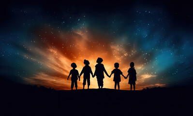 Fototapeta premium silhouette of children holding hand together looking at stary night sky