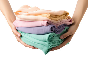 Hand holding clothes isolated on transparent background. Generative Ai