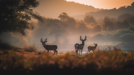 Deer in a field with trees in the background