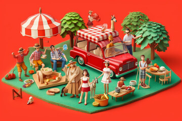Obraz na płótnie Canvas A whimsical paper-cut representation of a family picnic in the park, with cutouts of a checkered blanket, picnic basket, Generative AI technology.