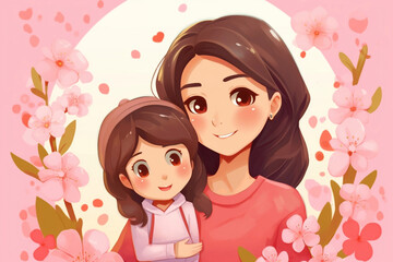 Happy mothers day, beautiful mother and daughter character, hand drawn chibi cartoon art illustration. Generative AI