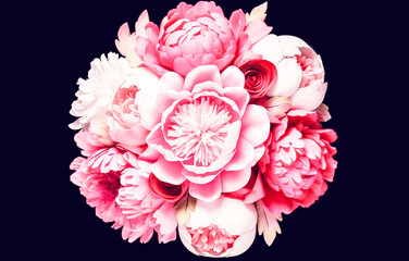 Bouquet of pink peonies on a black background, top view