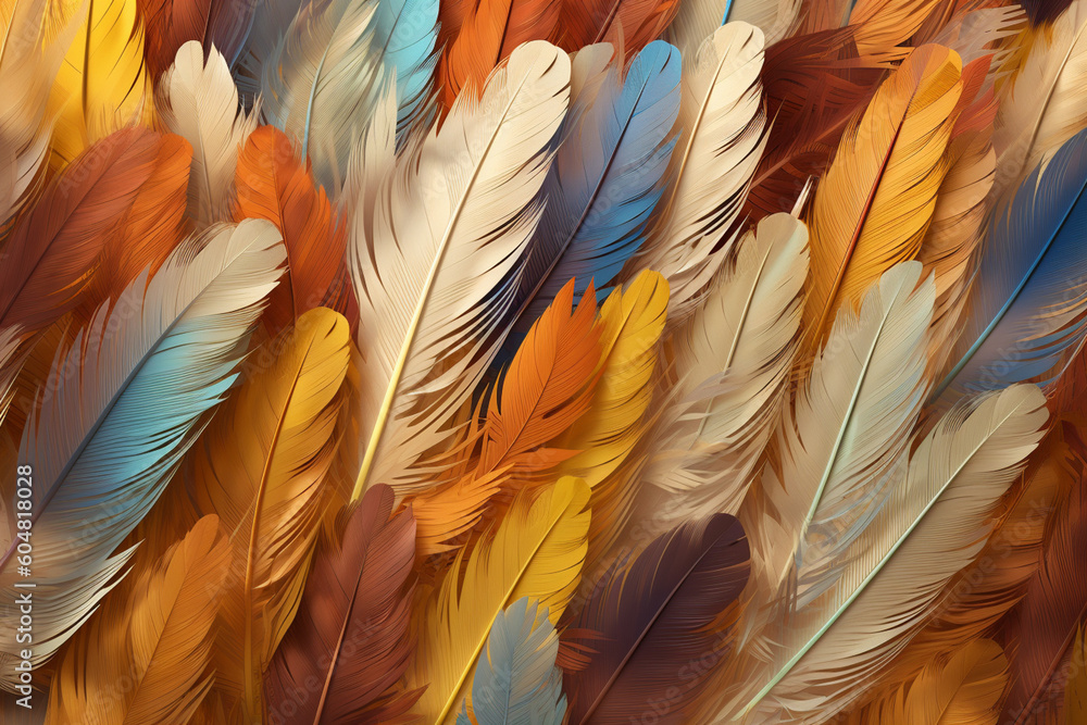 Poster A bohemian-inspired feather background pattern texture, with feathers of different lengths and textures arranged in a loose and organic manner,  Generative AI technology.