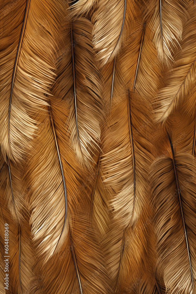 Poster A rustic-inspired feather background pattern texture, with feathers arranged on a textured wooden surface,  Generative AI technology.