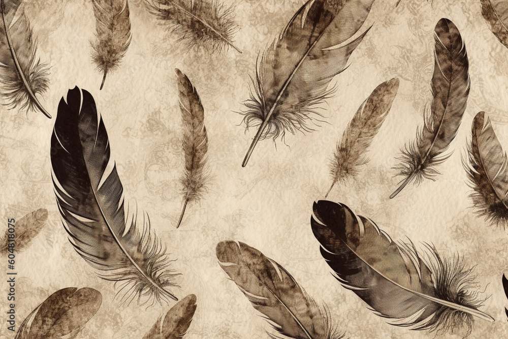 Poster a monochromatic feather background pattern texture with a vintage grunge effect, giving it a weather