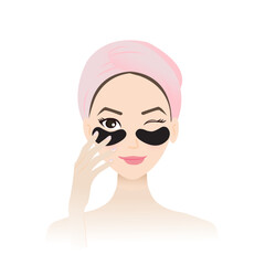 Cute woman treat under eye bags with eye mask patches on face vector isolated on white background. Eye serum mask reduce puffiness, dryness, texture and fine lines. Skin care and beauty concept.