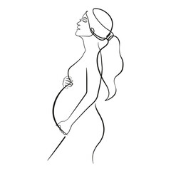 Pregnant Woman Line Art Drawing. Female Pregnancy Concept Modern Trendy Linear Style. Pregnant Female Silhouette Abstract Simple Illustration. Happy Woman Minimalist Beauty Drawing. Vector EPS 10