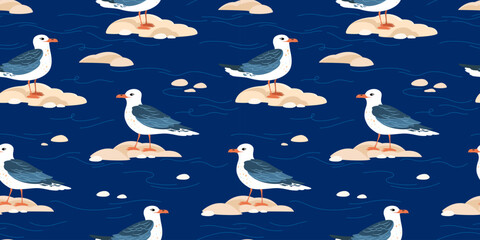Seamless vector pattern with seagulls. Sea birds stand on the rocks. Cartoon style. Colorful illustration for nursery.