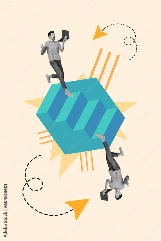 Poster vertical collage of two young colleagues guys hold netbooks running metaphor abstract upstairs share
