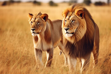 A lion and a lioness in the savannah. AI generated
