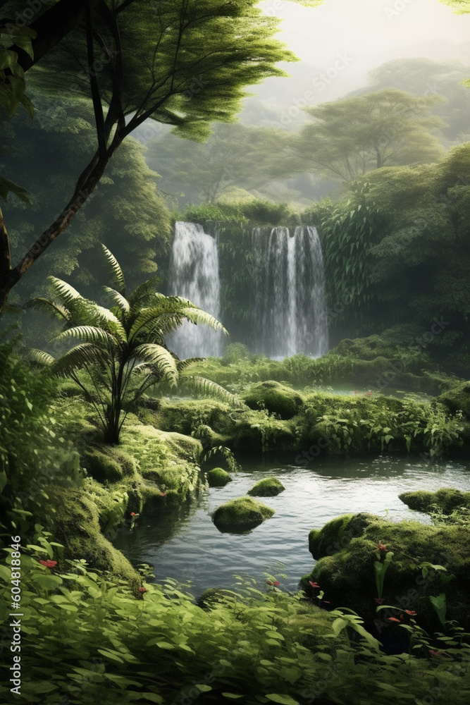 Aufkleber a tranquil image of a misty waterfall surrounded by lush green vegetation, creating an atmosphere of