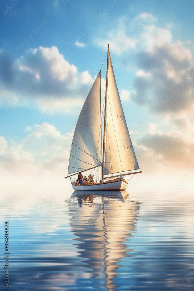 Poster a sailboat gliding across a tranquil lake, propelled by a gentle breeze, representing the harmony be