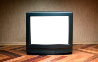 Vintage white screen TV on the floor, old house design in 1980s and 1990s style.