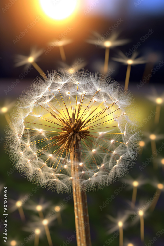 Poster wind-blown dandelion seeds floating in the air, symbolizing the fragility and dispersal of life through wind.  Generative AI technology.
