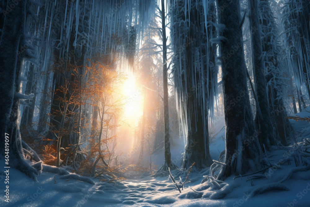 Aufkleber a frozen forest, with branches adorned with icicles and a soft glow of sunlight filtering through th