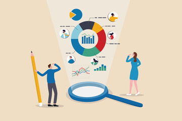 Market research, marketing or advertising survey to launch product, competitors research or social media report marketing report concept, business people look at magnify market data chart and graph. - obrazy, fototapety, plakaty